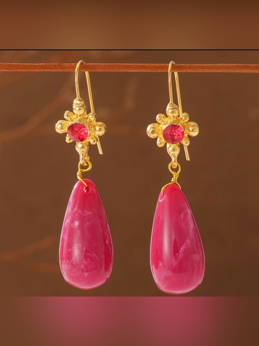 Gold and Pink Teardrop Dangle Earrings - Elegant Women Jewelry